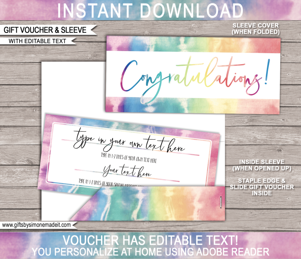 Congratulations Tie Dye Gift Voucher Template | Printable Gift Certificate | Custom Gift Idea | Teenager Tween Kids Family | DIY Editable Text | INSTANT DOWNLOAD via giftsbysimonemadeit.com