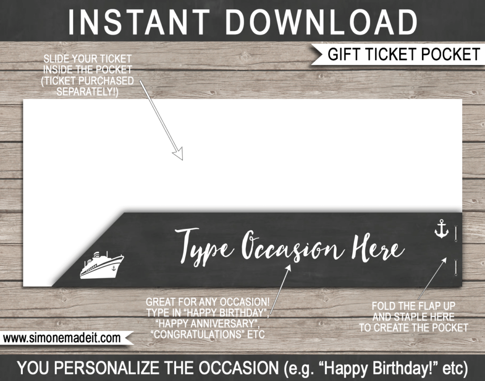 Cruise Ticket Gift Pocket Sleeve template for tickets, gift vouchers, certificates, cards or money | DIY Editable & Printable Template | INSTANT DOWNLOAD via giftsbysimonemadeit.com