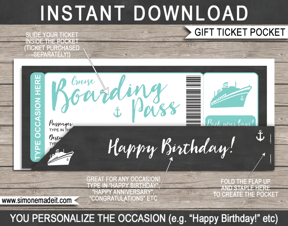 Aqua Birthday Cruise Ticket Gift Pocket Sleeve template for tickets, gift vouchers, certificates, cards or money | DIY Editable & Printable Template | INSTANT DOWNLOAD via giftsbysimonemadeit.com