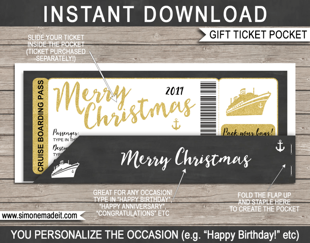 Gold Christmas Cruise Ticket Gift Pocket Sleeve template for tickets, gift vouchers, certificates, cards or money | DIY Editable & Printable Template | INSTANT DOWNLOAD via giftsbysimonemadeit.com