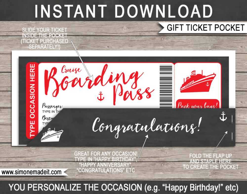 Red Congratulations Cruise Boarding Pass Gift Pocket Sleeve template for tickets, gift vouchers, certificates, cards or money | DIY Editable & Printable Template | INSTANT DOWNLOAD via giftsbysimonemadeit.com