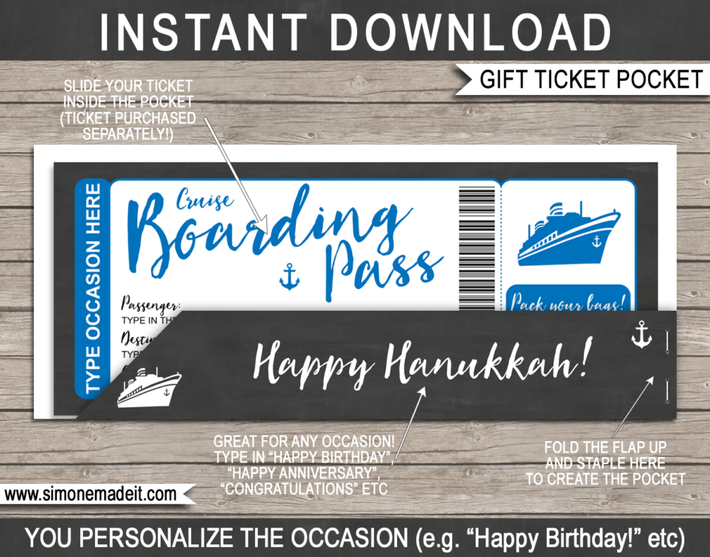 Blue Hanukkah Cruise Ticket Gift Pocket Sleeve template for tickets, gift vouchers, certificates, cards or money | DIY Editable & Printable Template | INSTANT DOWNLOAD via giftsbysimonemadeit.com