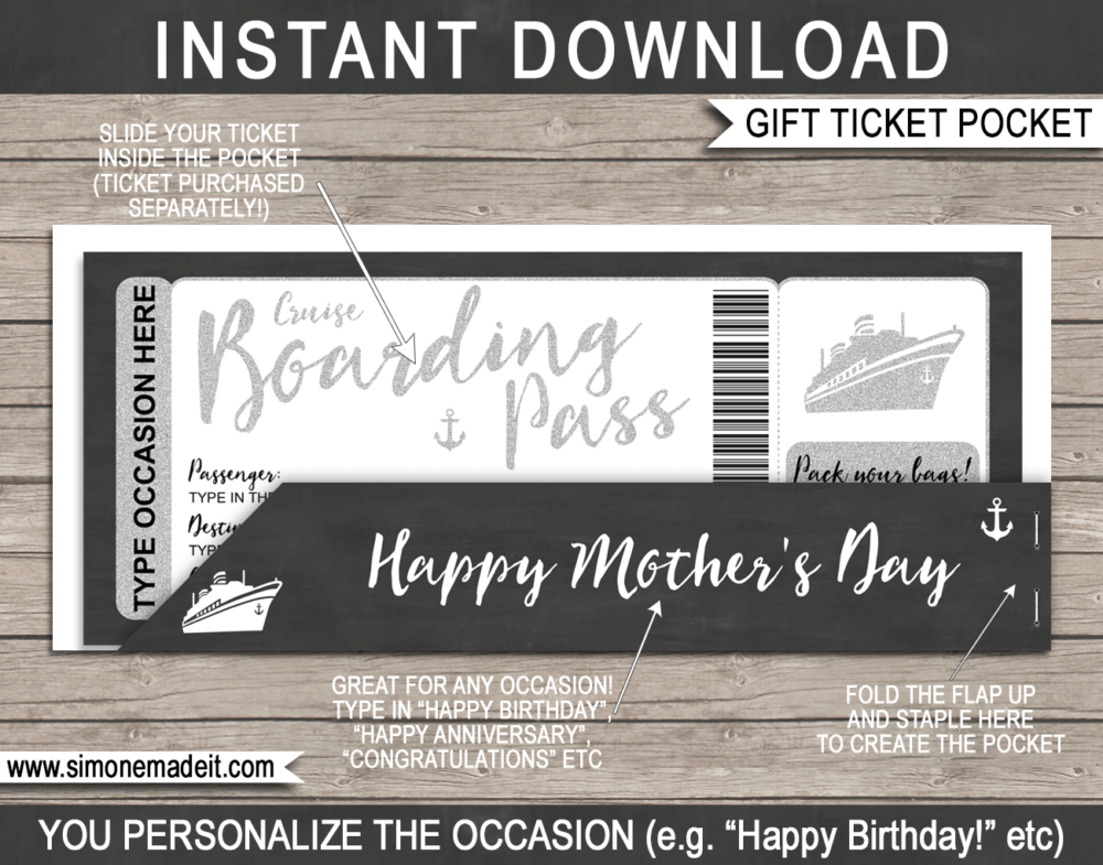 Silver Mother's Day Cruise Ticket Gift Pocket Sleeve template for tickets, gift vouchers, certificates, cards or money | DIY Editable & Printable Template | INSTANT DOWNLOAD via giftsbysimonemadeit.com