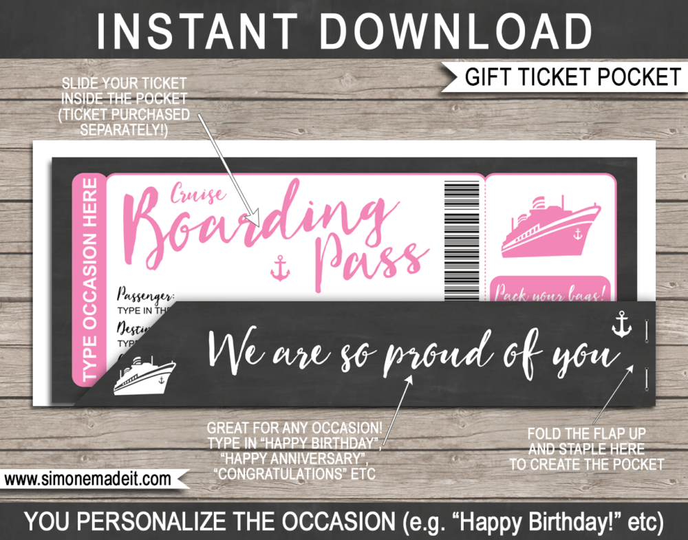 Pink Cruise Ticket Gift Pocket Sleeve template for tickets, gift vouchers, certificates, cards or money | DIY Editable & Printable Template | INSTANT DOWNLOAD via giftsbysimonemadeit.com