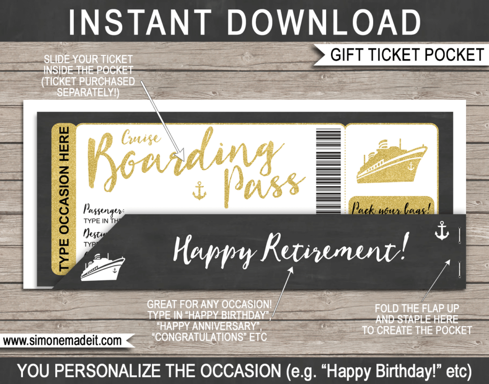 Gold Retirement Cruise Ticket Gift Pocket Sleeve template for tickets, gift vouchers, certificates, cards or money | DIY Editable & Printable Template | INSTANT DOWNLOAD via giftsbysimonemadeit.com
