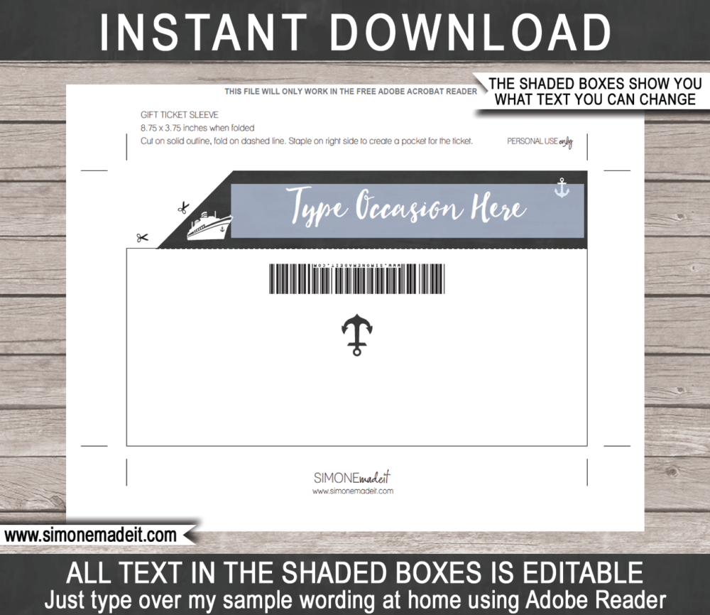 Editable Cruise Ticket Gift Pocket Sleeve template for tickets, gift vouchers, certificates, cards or money | DIY Printable Template | INSTANT DOWNLOAD via giftsbysimonemadeit.com
