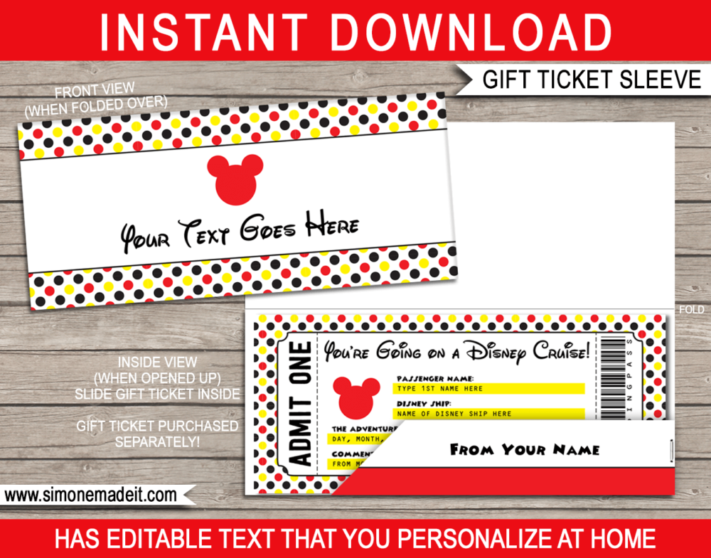 Disney Cruise Gift Ticket Sleeve Template | Editable & Printable Envelope | Gift Certificate, Voucher Holder | INSTANT DOWNLOAD via giftsbysimonemadeit.com