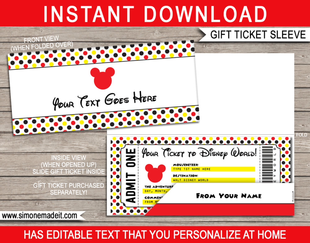 Disney World Gift Ticket Sleeve Template | Editable & Printable Envelope | Gift Certificate, Voucher Holder | INSTANT DOWNLOAD via giftsbysimonemadeit.com
