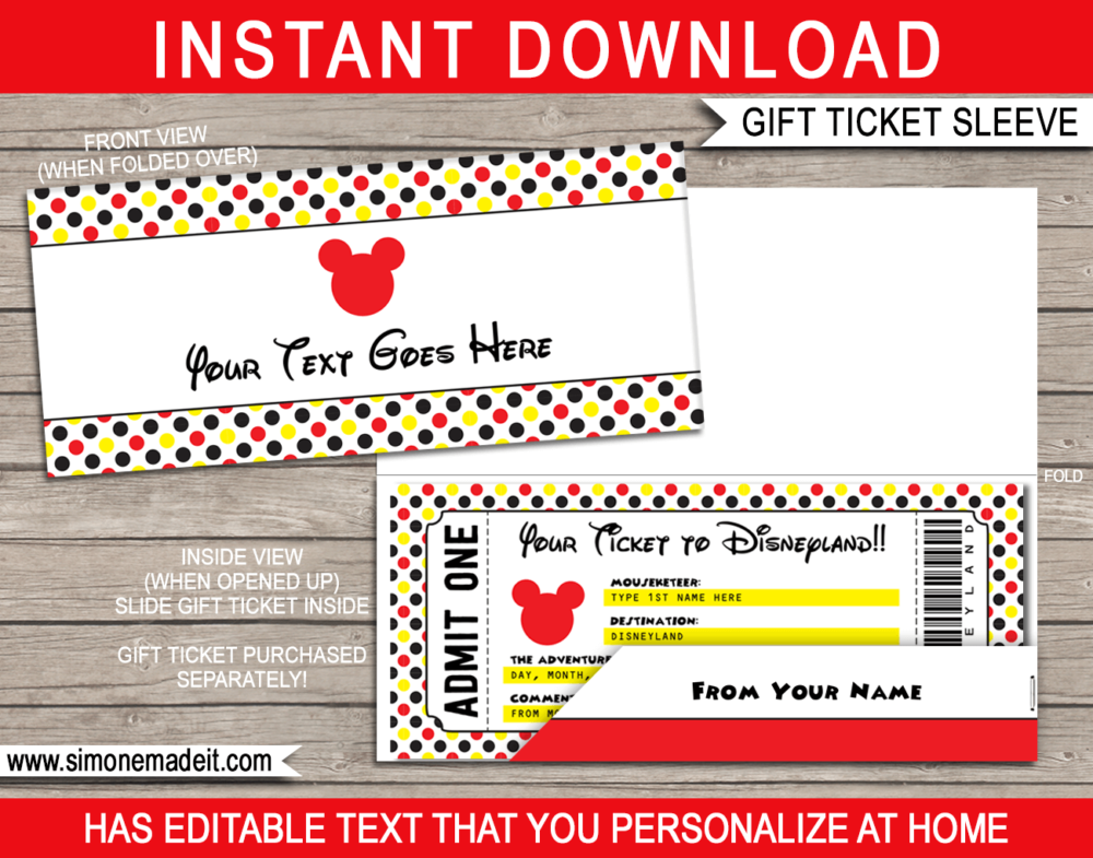 Disneyland Gift Ticket Sleeve Template | Editable & Printable Envelope | Gift Certificate, Voucher Holder | INSTANT DOWNLOAD via giftsbysimonemadeit.com