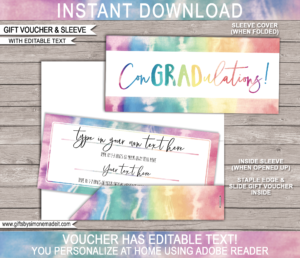 Printable Graduation Tie Dye Gift Voucher Template | ConGRADulations | Gift Certificate | Custom Gift Idea for Graduate | DIY Editable Text | INSTANT DOWNLOAD via giftsbysimonemadeit.com