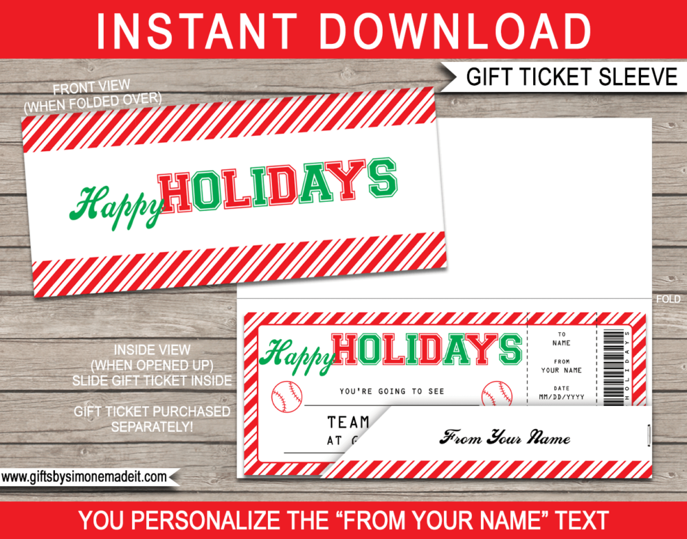 Holiday Baseball Game Ticket Sleeve Template | Printable Envelope for sporting tickets, gift vouchers, certificates & money | INSTANT DOWNLOAD via giftsbysimonemadeit.com