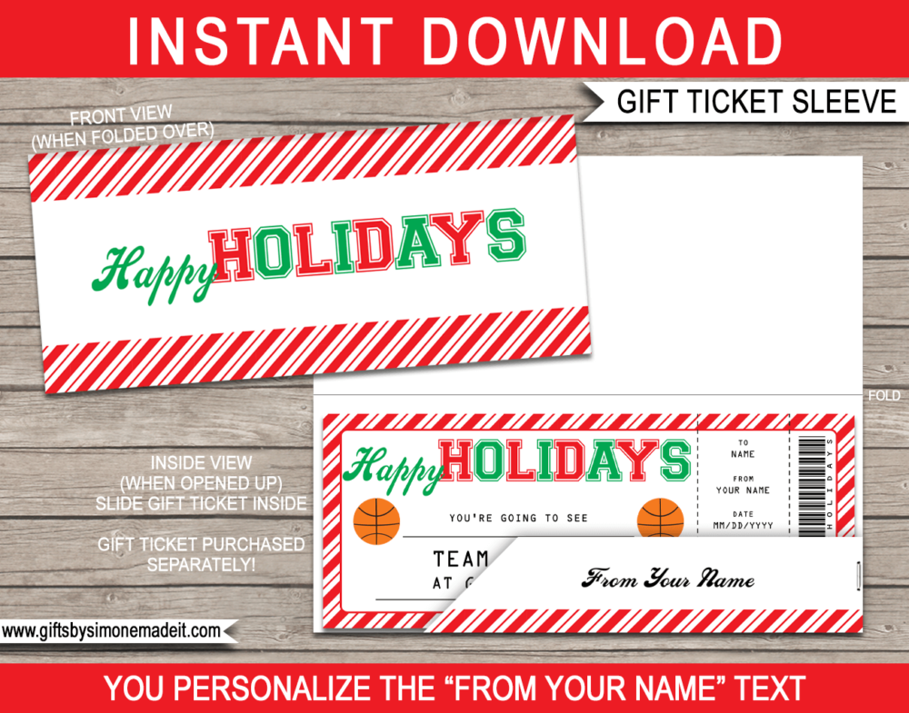 Holiday Basketball Game Ticket Sleeve Template | Printable Envelope for sporting tickets, gift vouchers, certificates & money | INSTANT DOWNLOAD via giftsbysimonemadeit.com