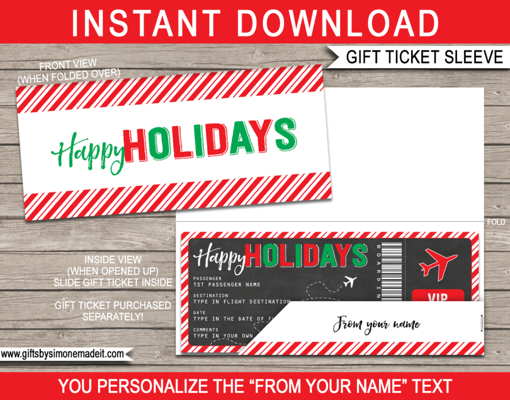 Holidays Plane Ticket Sleeve Template | Printable Envelope with editable text | INSTANT DOWNLOAD via giftsbysimonemadeit.com