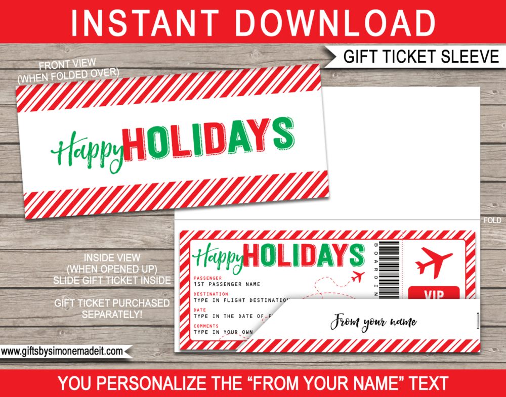 Holidays Plane Boarding Pass Sleeve Template | Printable Envelope with editable text | INSTANT DOWNLOAD via giftsbysimonemadeit.com
