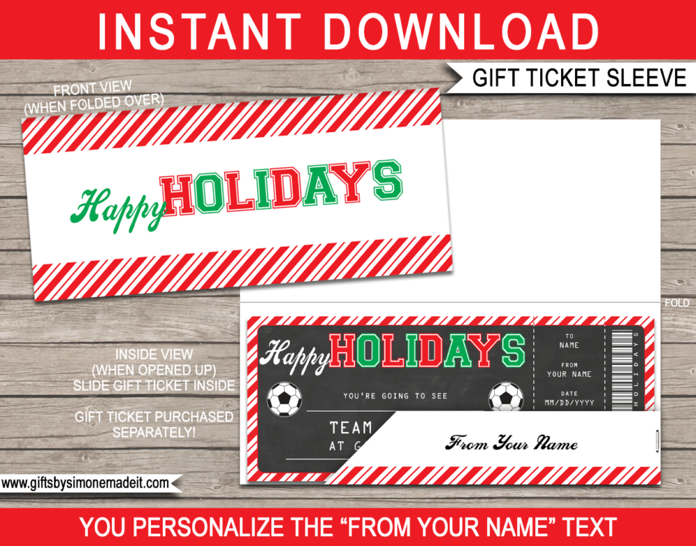 Holiday Soccer Game Ticket Sleeve Template | Printable Envelope for sporting tickets, gift vouchers, certificates & money | INSTANT DOWNLOAD via giftsbysimonemadeit.com
