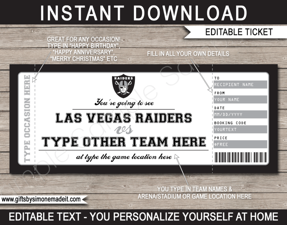 Las Vegas Raiders Game Ticket Gift Voucher Printable Surprise