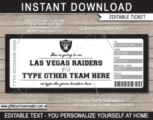 Printable Las Vegas Raiders Game Ticket Gift Voucher Template | Surprise tickets to a Football Game | Editable Text | Gift Certificate | Birthday, Christmas, Anniversary, Retirement, Graduation, Mother's Day, Father's Day, Congratulations, Valentine's Day | INSTANT DOWNLOAD via giftsbysimonemadeit.com