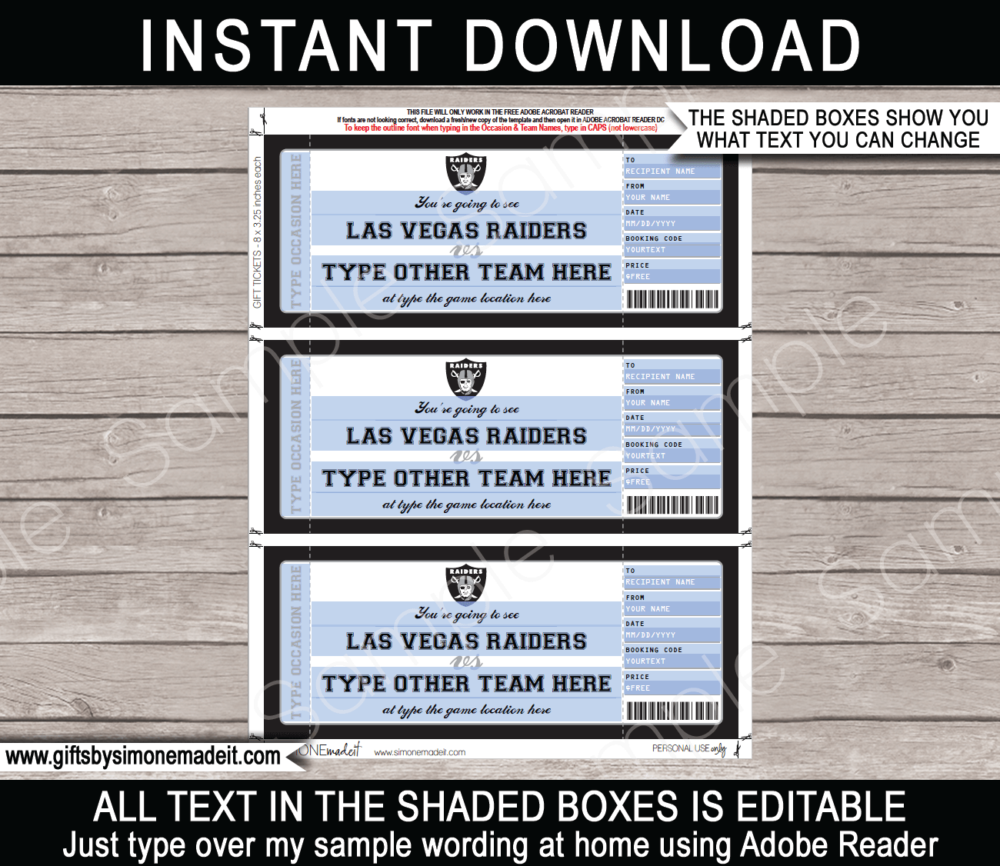 Printable Las Vegas Raiders Game Ticket Gift Voucher Template | Surprise tickets to a Football Game | Editable Text | Gift Certificate | Birthday, Christmas, Anniversary, Retirement, Graduation, Mother's Day, Father's Day, Congratulations, Valentine's Day | INSTANT DOWNLOAD via giftsbysimonemadeit.com