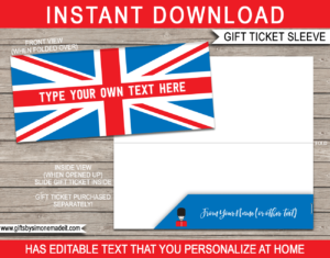 Printable London Travel Ticket Sleeve Template | Printable Boarding Pass Gift Holder | England UK | DIY Editable Text | INSTANT DOWNLOAD via giftsbysimonemadeit.com