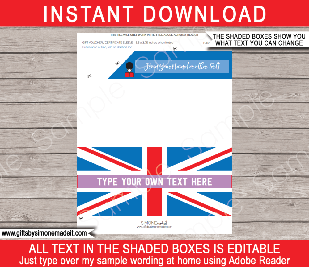 Printable London Travel Ticket Sleeve Template | Printable Boarding Pass Gift Holder | England UK | DIY Editable Text | INSTANT DOWNLOAD via giftsbysimonemadeit.com