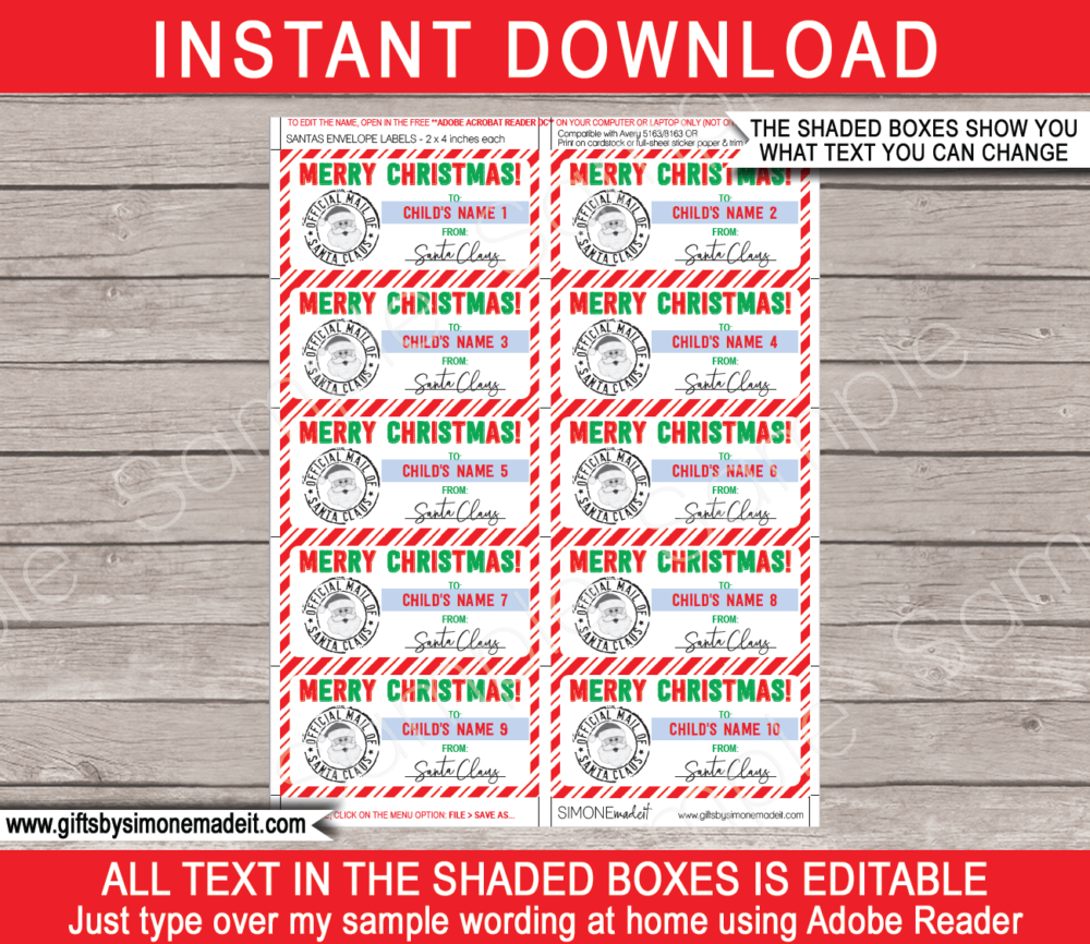 Printable Christmas Gift Labels Template | Printable Santa Gift Tags | Custom Gift Labels from the North Pole | Santa Claus | DIY Editable Text | INSTANT DOWNLOAD via giftsbysimonemadeit.com