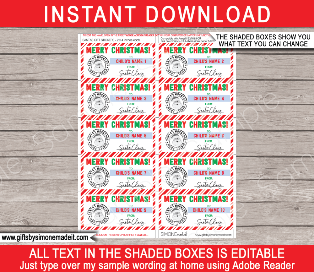 Printable Christmas From Santa Gift Stickers Template | Printable Gift Tags from Santa's Workshop | Custom Gift Labels from the North Pole | DIY Editable Text | INSTANT DOWNLOAD via giftsbysimonemadeit.com