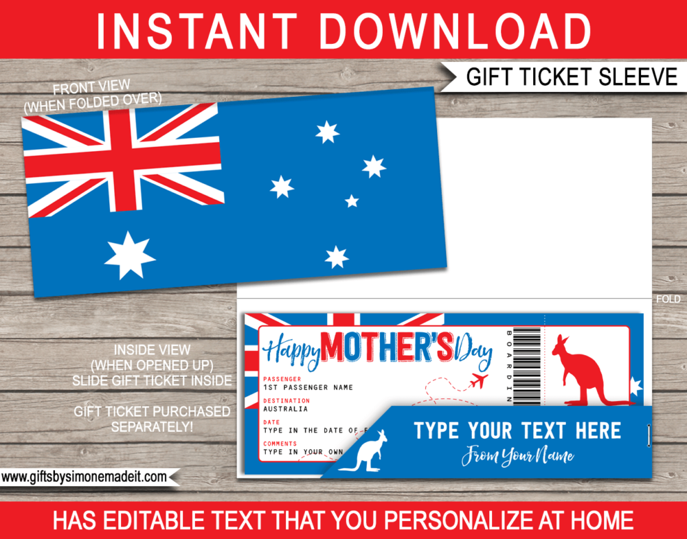 Printable Australia Mother's DayTravel Ticket Sleeve Template | Printable Boarding Pass Gift Holder | DIY Editable Text | INSTANT DOWNLOAD via giftsbysimonemadeit.com