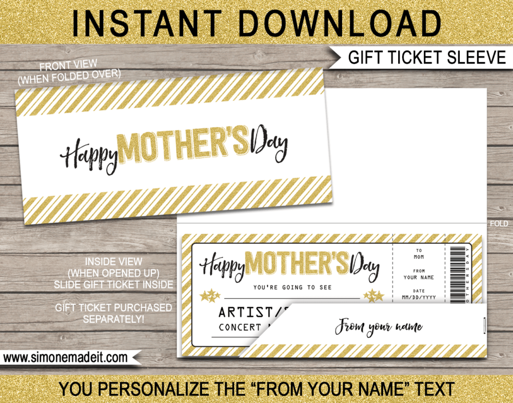 Mother's Day Concert Ticket Sleeve Template | Printable Show Ticket Envelope Holder | DIY Editable Text