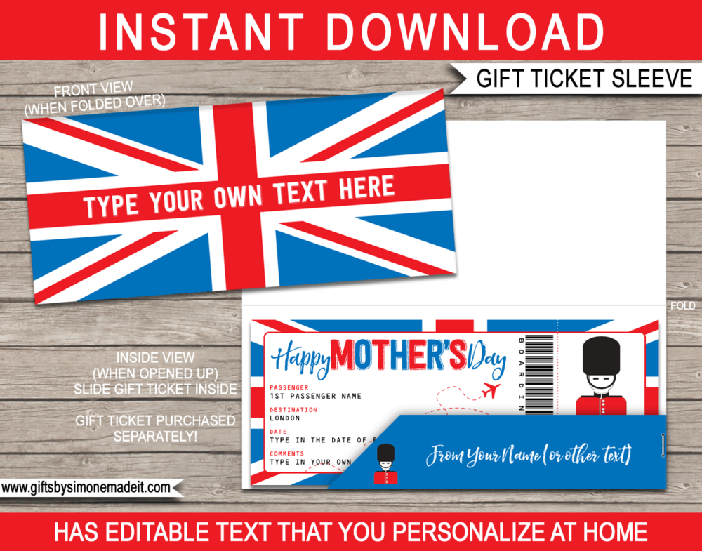 Printable London Mother's Day Travel Ticket Sleeve Template | Printable Boarding Pass Gift Holder | England UK | DIY Editable Text | INSTANT DOWNLOAD via giftsbysimonemadeit.com