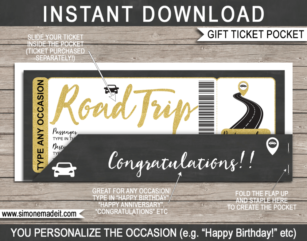 Gold Road Trip Ticket Gift Pocket Sleeve template for tickets, gift vouchers, certificates, cards or money | DIY Editable & Printable Template | INSTANT DOWNLOAD via giftsbysimonemadeit.com