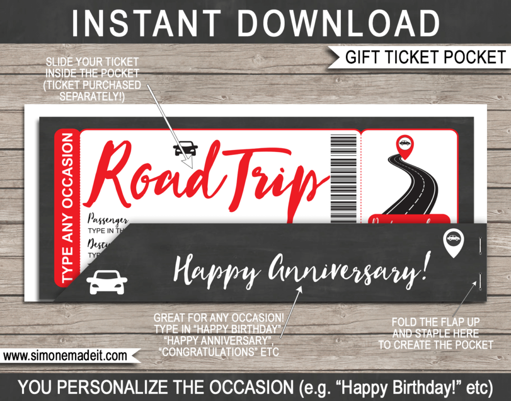 Red Road Trip Ticket Gift Pocket Sleeve template for tickets, gift vouchers, certificates, cards or money | DIY Editable & Printable Template | INSTANT DOWNLOAD via giftsbysimonemadeit.com