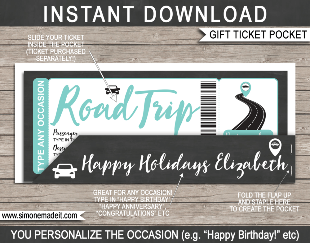 Aqua Road Trip Ticket Gift Pocket Sleeve template for tickets, gift vouchers, certificates, cards or money | DIY Editable & Printable Template | INSTANT DOWNLOAD via giftsbysimonemadeit.com