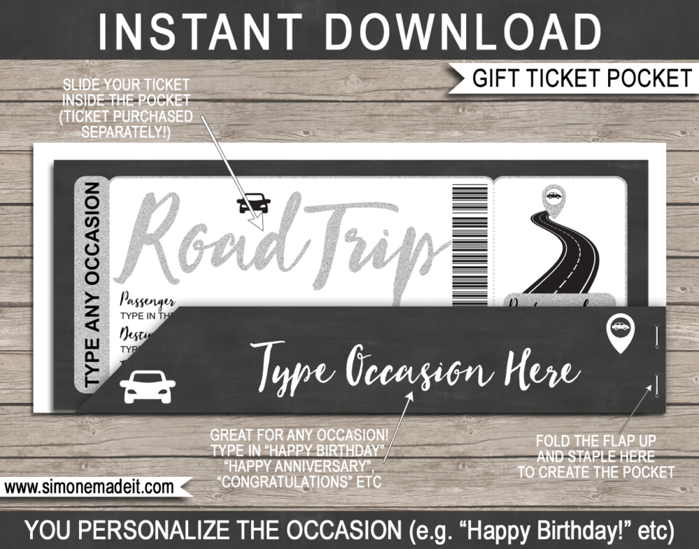 Silver Road Trip Ticket Gift Pocket Sleeve template for tickets, gift vouchers, certificates, cards or money | DIY Editable & Printable Template | INSTANT DOWNLOAD via giftsbysimonemadeit.com