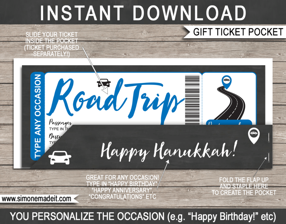 Blue Road Trip Ticket Gift Pocket Sleeve template for tickets, gift vouchers, certificates, cards or money | DIY Editable & Printable Template | INSTANT DOWNLOAD via giftsbysimonemadeit.com