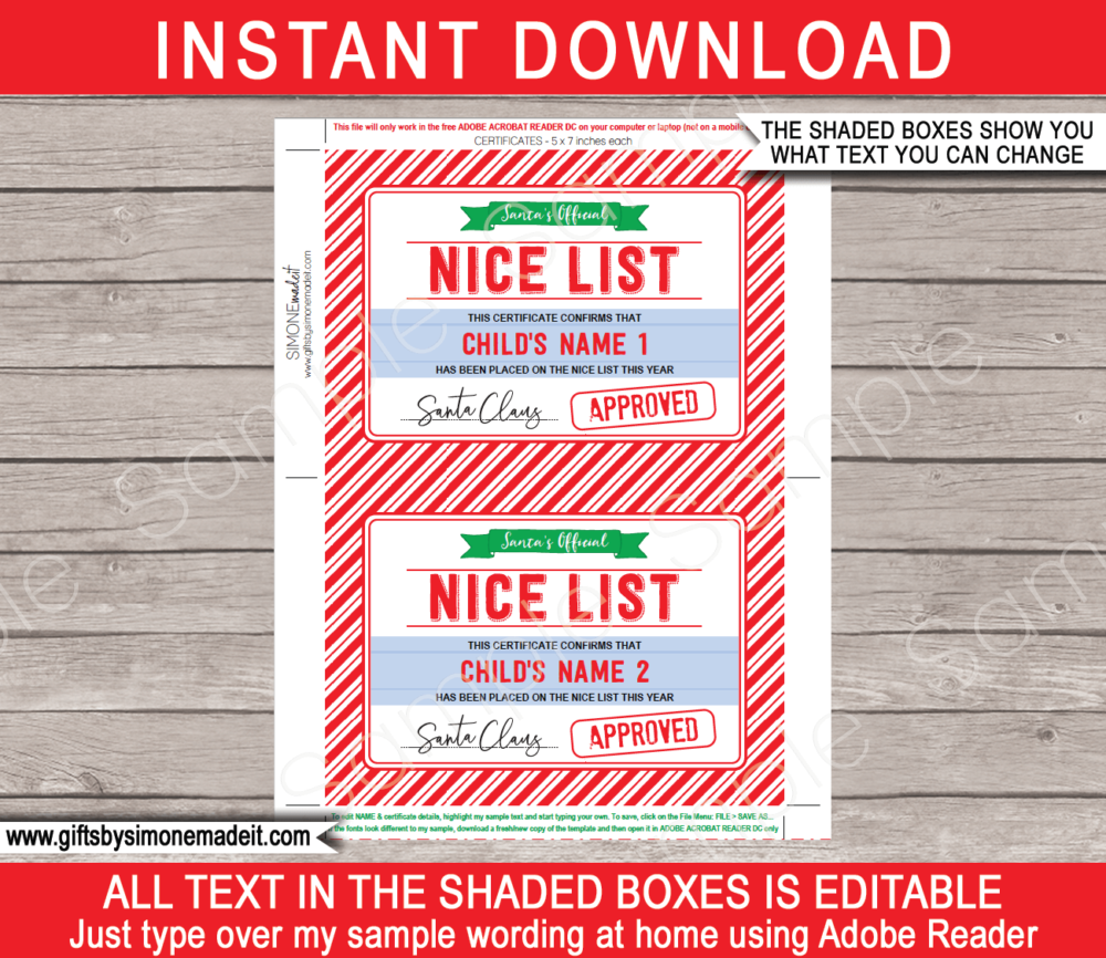 Printable Santa's Nice List Certificate Template | Approved by Santa Claus | Santa's Workshop North Pole | DIY Editable Text | INSTANT DOWNLOAD via giftsbysimonemadeit.com