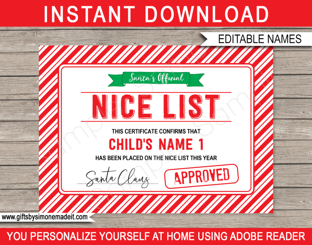 Printable Santa's Nice List Certificate Template | Approved by Santa Claus | Santa's Workshop North Pole | DIY Editable Text | INSTANT DOWNLOAD via giftsbysimonemadeit.com