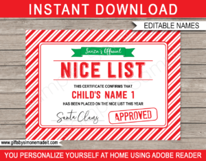 Printable Santa's Nice List Certificate Template | Approved by Santa Claus | Santa's Workshop North Pole | DIY Editable Text | INSTANT DOWNLOAD via giftsbysimonemadeit.com