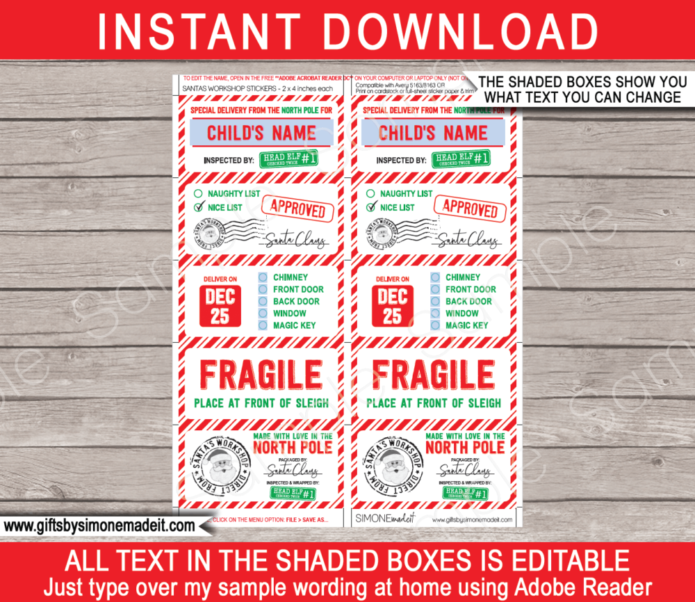 Printable Santas Workshop Gift Tags Template | Printable Christmas Gift Labels | Custom Gift Labels from the North Pole | Santa Claus | DIY Editable Text | INSTANT DOWNLOAD via giftsbysimonemadeit.com