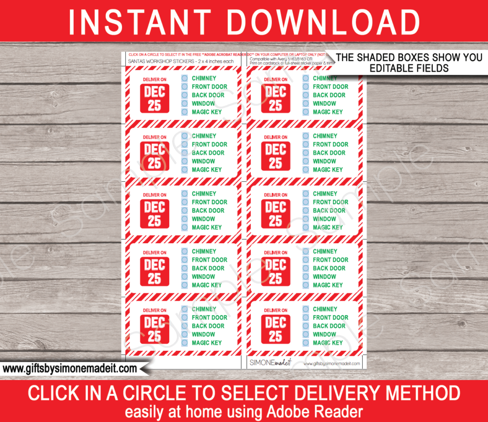 Printable Santas Workshop Delivery Method Gift Tags Template | Printable Christmas Gift Labels | Custom Gift Labels from the North Pole | Santa Claus | DIY Editable Text | INSTANT DOWNLOAD via giftsbysimonemadeit.com