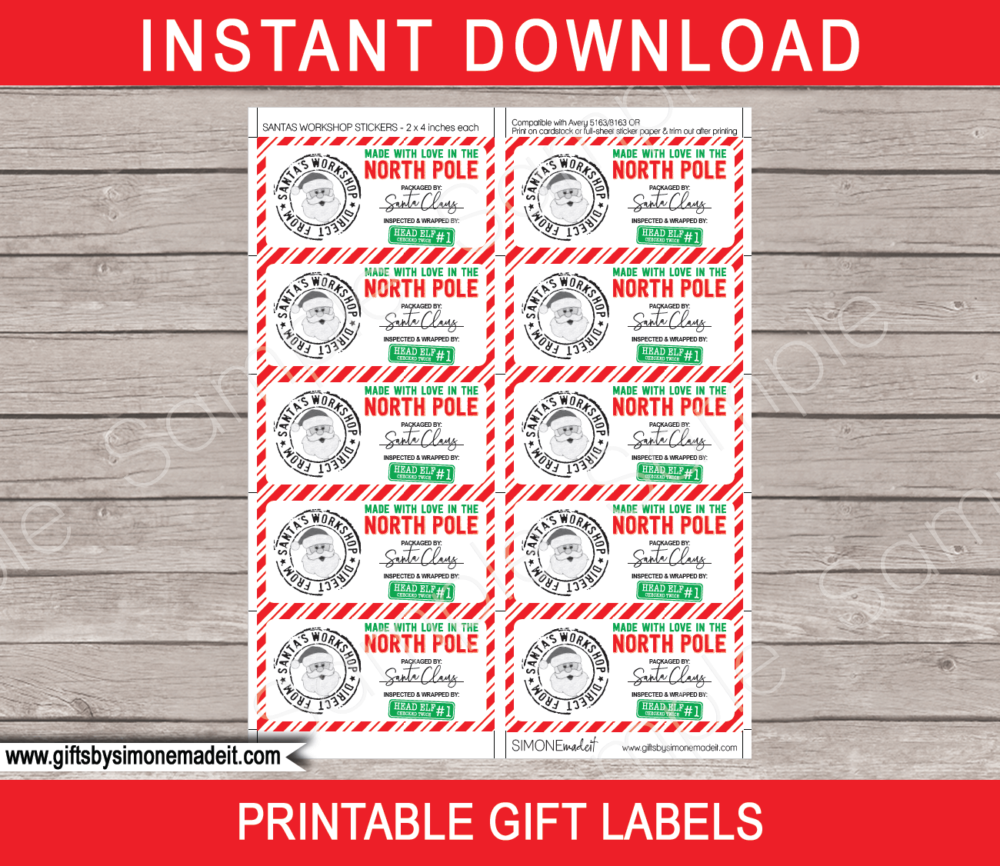 Printable Santas Workshop Gift Tags Template | Printable Christmas Gift Labels | Custom Gift Labels from the North Pole | Santa Claus | DIY Editable Text | INSTANT DOWNLOAD via giftsbysimonemadeit.com