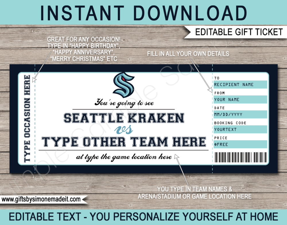 Printable Seattle Kraken Game Ticket Gift Voucher Template | Printable Surprise NHL Hockey Tickets | Editable Text | Gift Certificate | Birthday, Christmas, Anniversary, Retirement, Graduation, Mother's Day, Father's Day, Congratulations, Valentine's Day | INSTANT DOWNLOAD via giftsbysimonemadeit.com