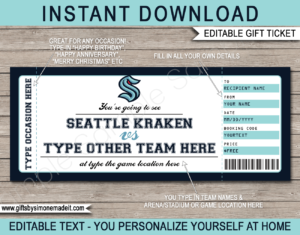 Printable Seattle Kraken Game Ticket Gift Voucher Template | Printable Surprise NHL Hockey Tickets | Editable Text | Gift Certificate | Birthday, Christmas, Anniversary, Retirement, Graduation, Mother's Day, Father's Day, Congratulations, Valentine's Day | INSTANT DOWNLOAD via giftsbysimonemadeit.com