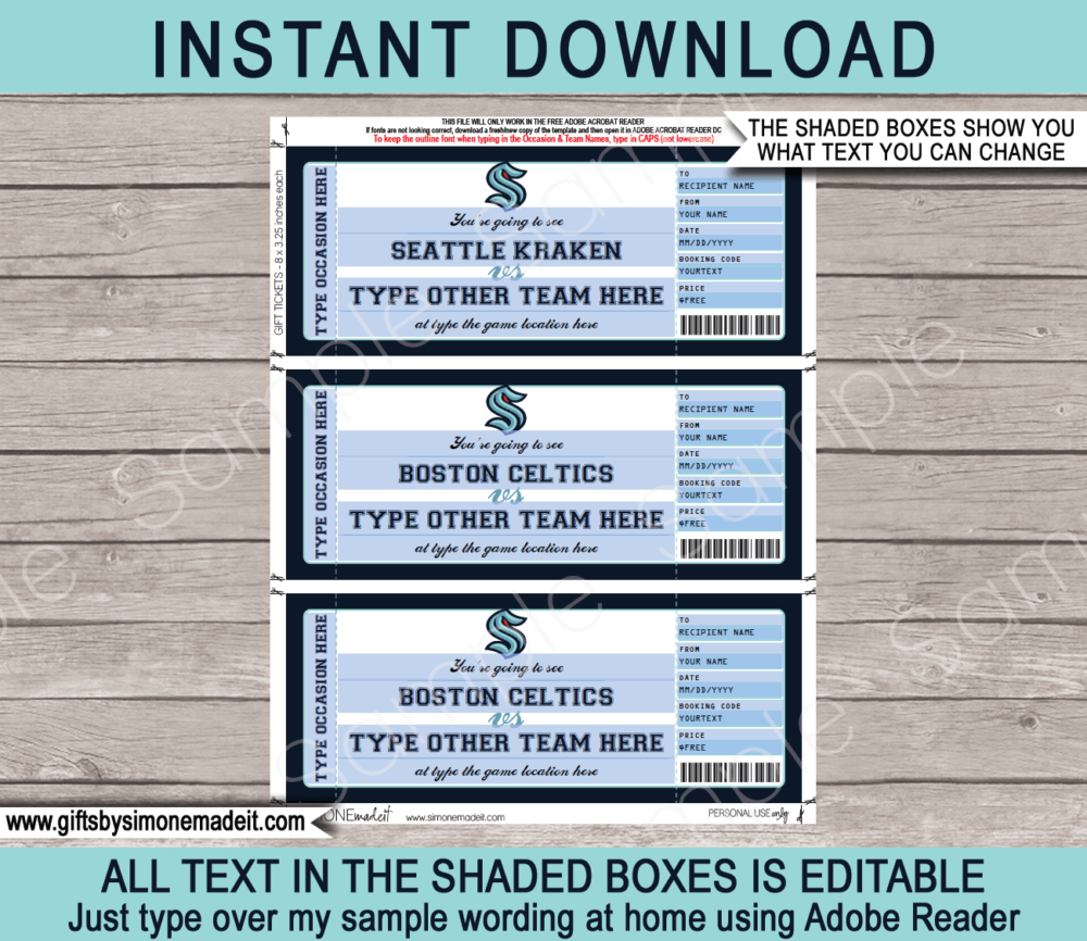 Printable Seattle Kraken Game Ticket Gift Voucher Template | Printable Surprise NHL Hockey Tickets | Editable Text | Gift Certificate | Birthday, Christmas, Anniversary, Retirement, Graduation, Mother's Day, Father's Day, Congratulations, Valentine's Day | INSTANT DOWNLOAD via giftsbysimonemadeit.com