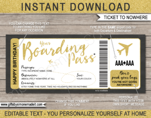 Printable Tickets to Nowhere Birthday Gift Template | Funny Gag Quarantine Lockdown Gift | Plane Boarding Pass Social Distancing Gift Idea | DIY Editable Text | INSTANT DOWNLOAD via giftsbysimonemadeit.com