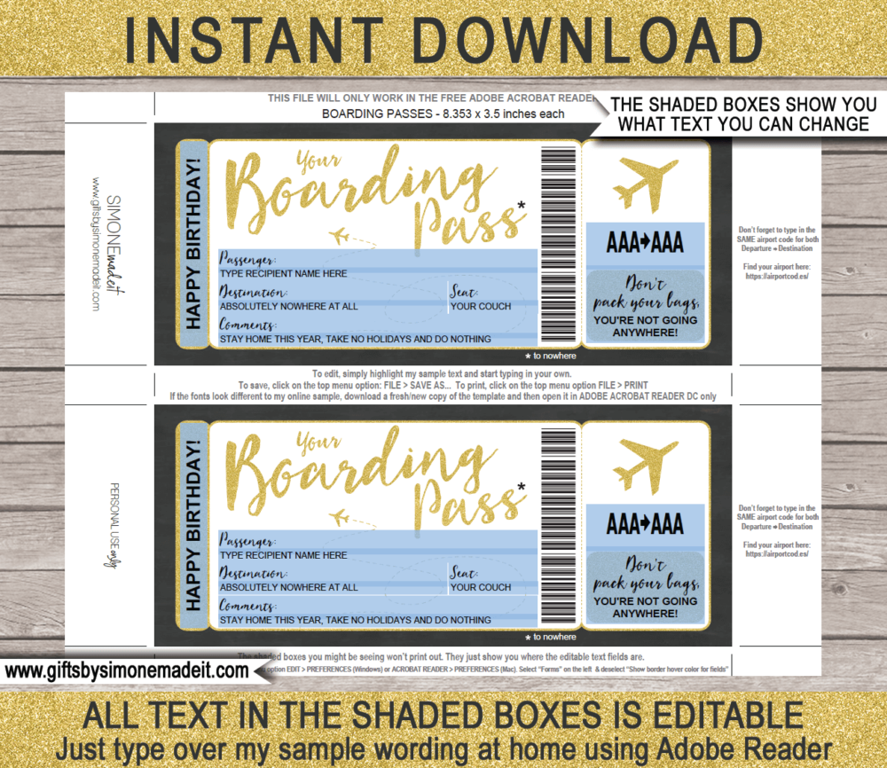 Printable Tickets to Nowhere Birthday Gift Template | Funny Gag Quarantine Lockdown Gift | Plane Boarding Pass Social Distancing Gift Idea | DIY Editable Text | INSTANT DOWNLOAD via giftsbysimonemadeit.com