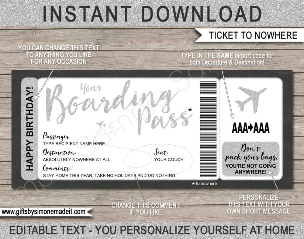 Tickets to Nowhere Birthday Gift Template | Funny Gag Quarantine Lockdown Printable Gift | Plane Boarding Pass Social Distancing Gift Idea | DIY Editable Text | INSTANT DOWNLOAD via giftsbysimonemadeit.com