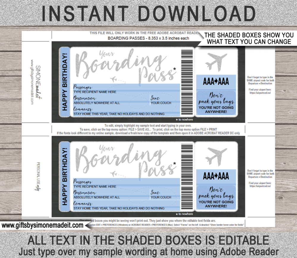 Tickets to Nowhere Birthday Gift Template | Funny Gag Quarantine Lockdown Printable Gift | Plane Boarding Pass Social Distancing Gift Idea | DIY Editable Text | INSTANT DOWNLOAD via giftsbysimonemadeit.com