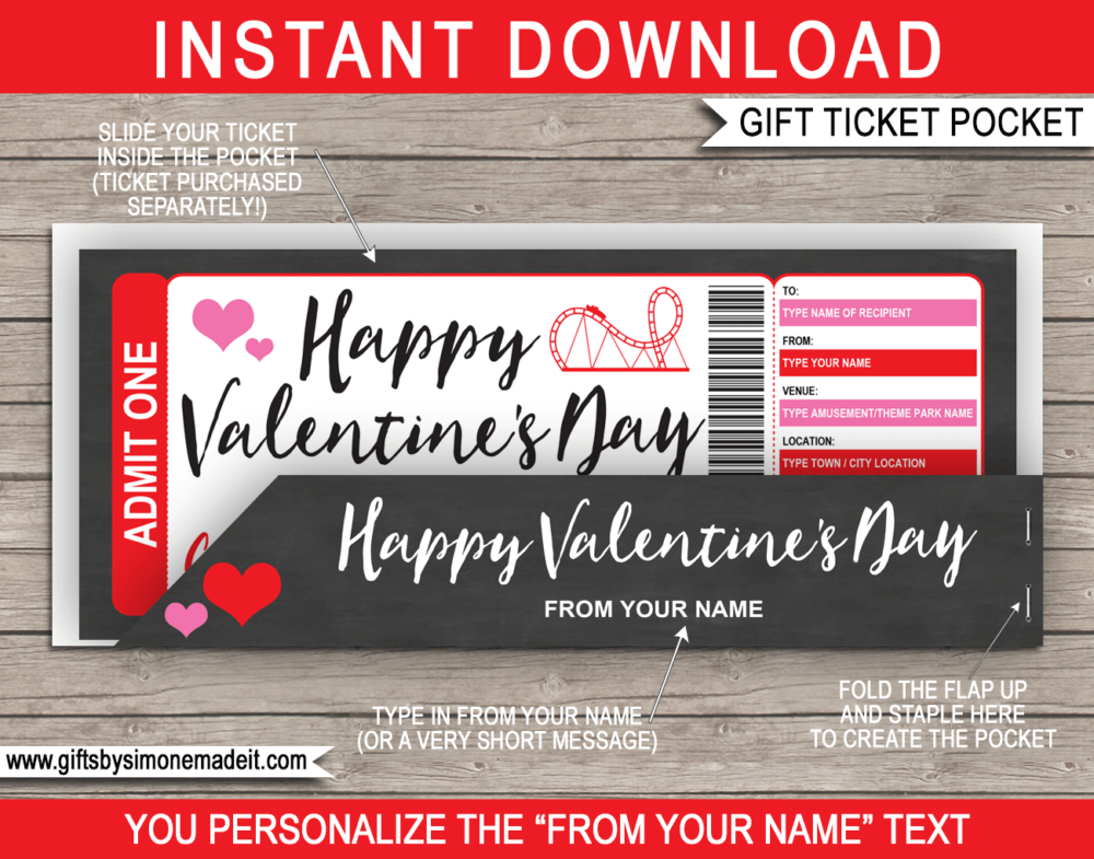 Printable Valentine's Day Theme Park Gift Voucher Pocket Template | Sleeve, Envelope, Holder | DIY Editable Text | INSTANT DOWNLOAD via giftsbysimonemadeit.com