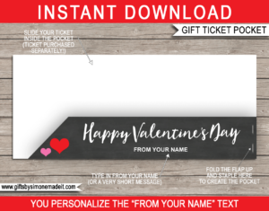 Printable Valentine's Day Gift Voucher Pocket Template | Sleeve, Envelope, Holder for gift certificates, tickets, boarding passes or money | DIY Editable Text | INSTANT DOWNLOAD via giftsbysimonemadeit.com