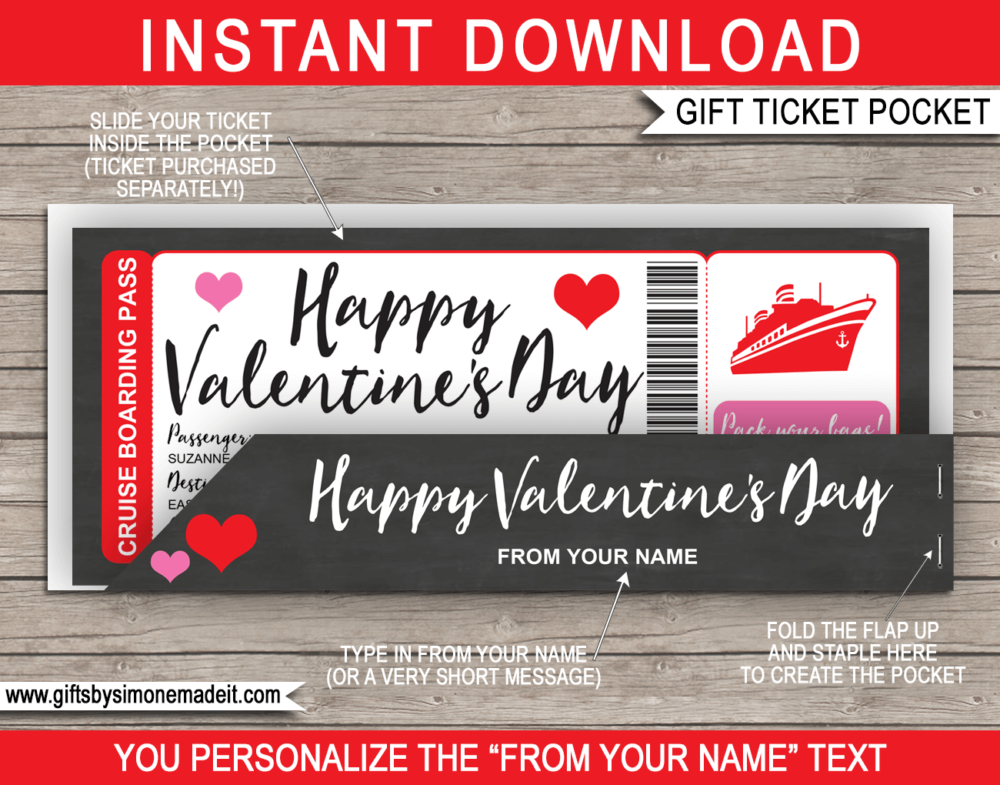 Printable Valentine's Day Cruise Ticket Gift Voucher Pocket Template | Sleeve, Envelope, Holder | DIY Editable Text | INSTANT DOWNLOAD via giftsbysimonemadeit.com